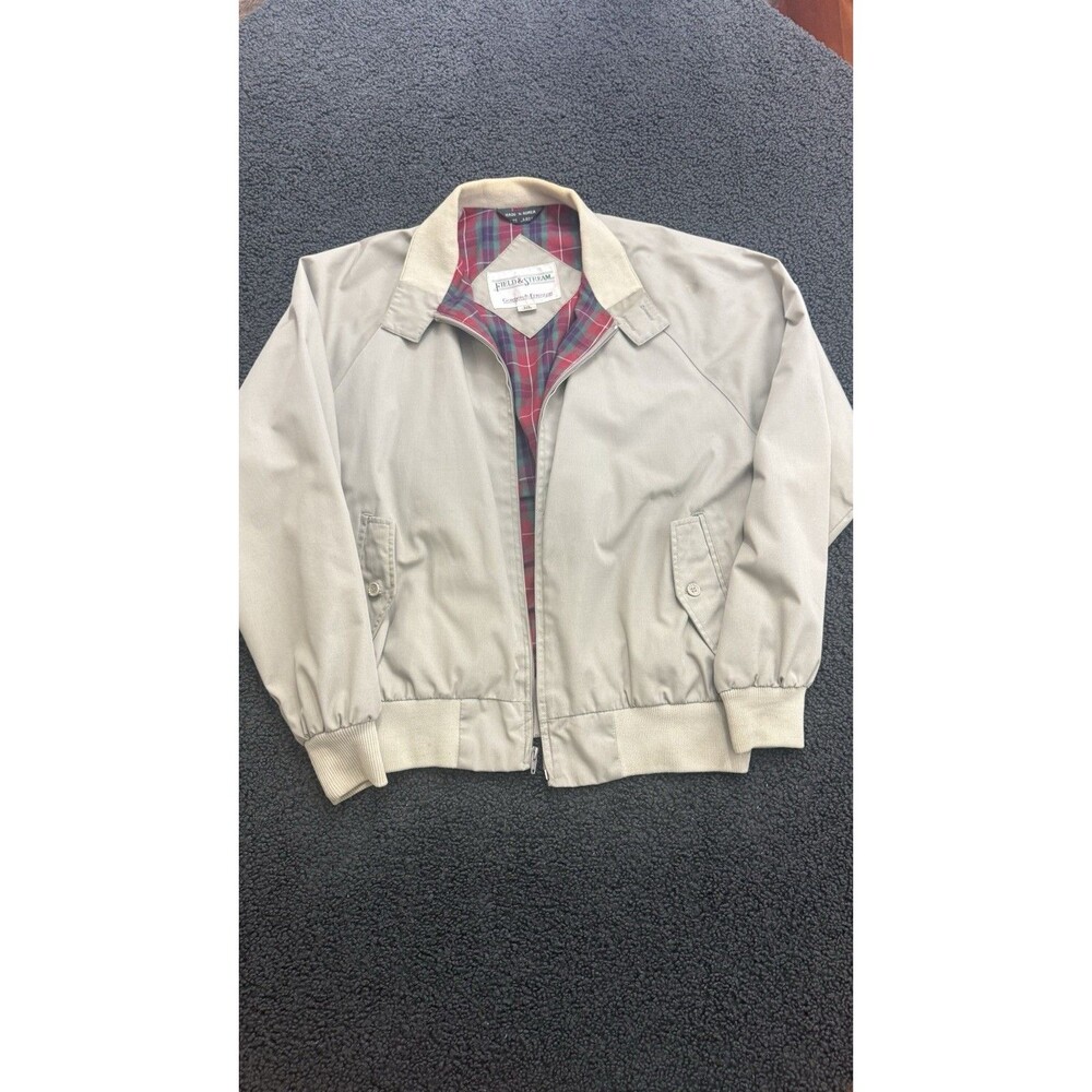 VTG Field & Stream Harrington Style Beige Plaid Lined Bomber Jacket Size LARGE